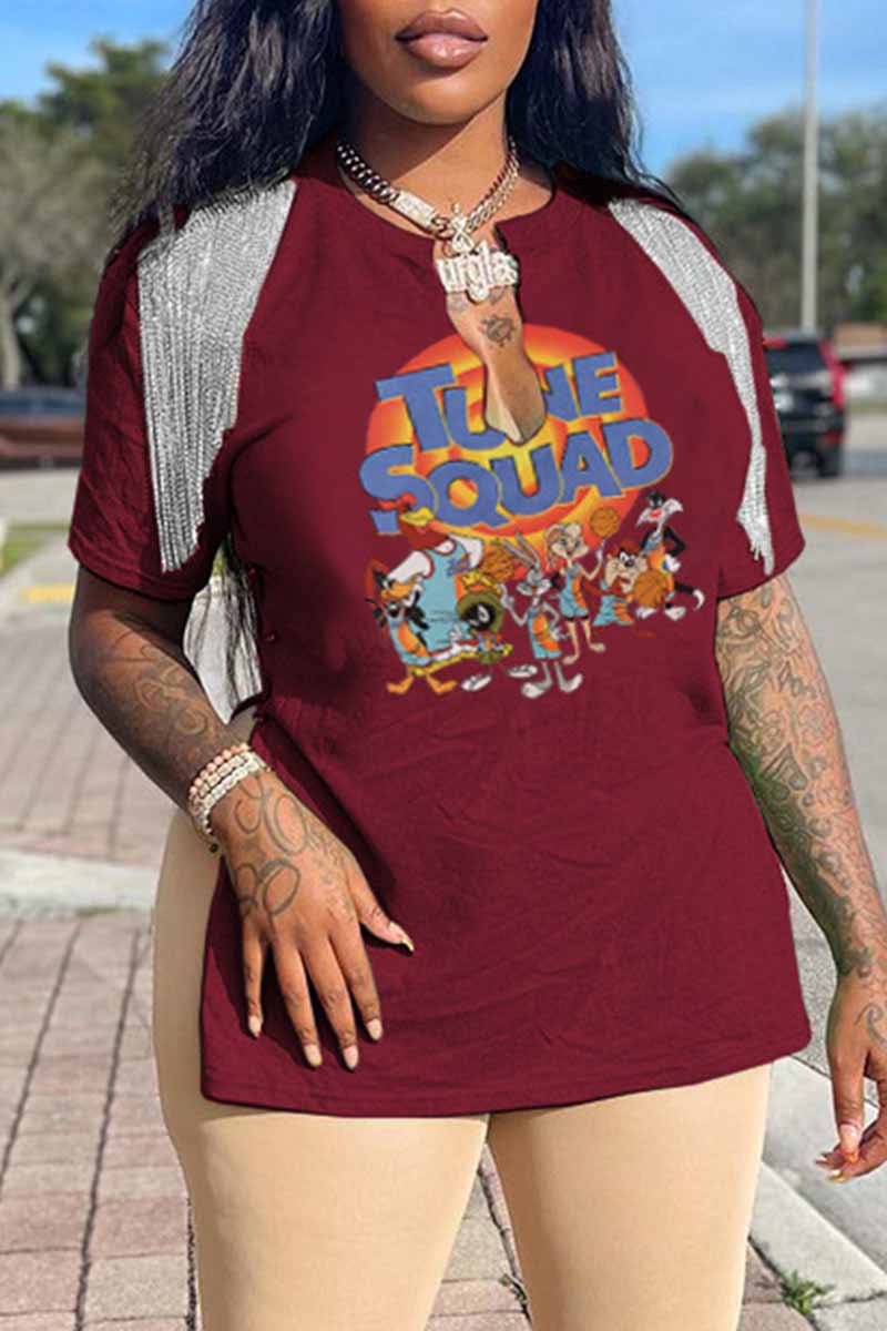 

Burgundy Fashion Street Character Print Patchwork V Neck T-Shirts
