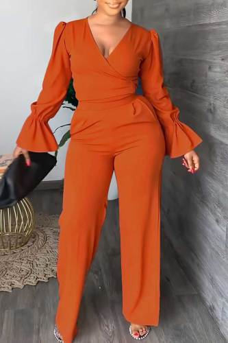 Tangerine Casual Solid Patchwork V Neck Long Sleeve Two Pieces