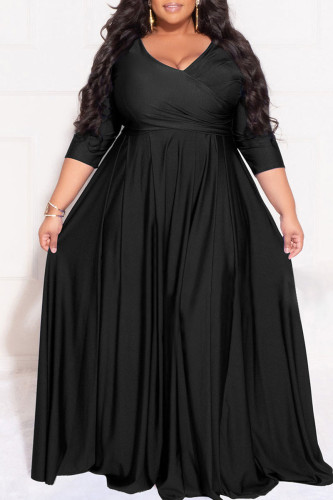 Black Casual Solid Patchwork Fold V Neck A Line Plus Size Dresses