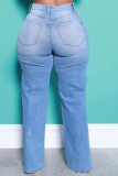 Jeans tamanho grande rasgado azul fashion sólido