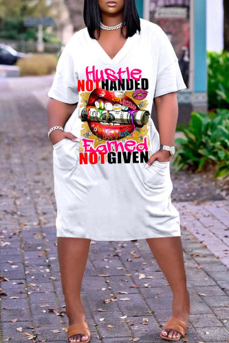 White Red Fashion Casual Print Patchwork V Neck Short Sleeve Dress