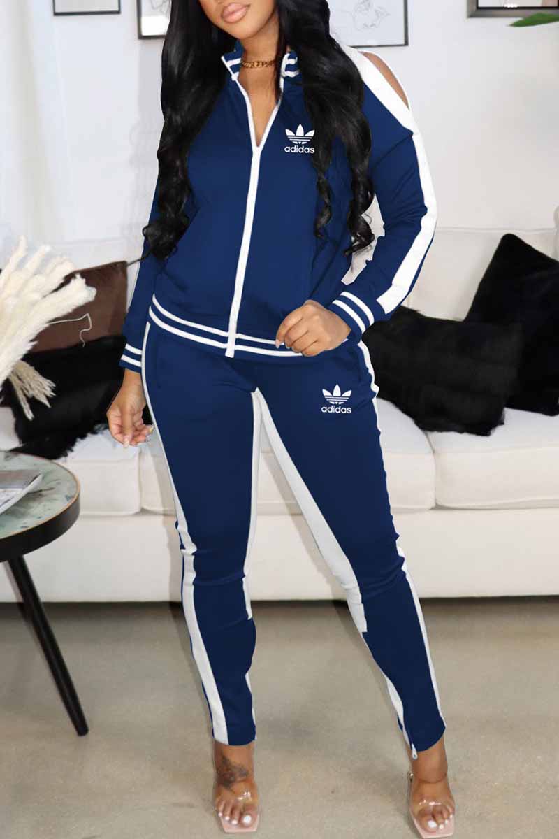 

Dark Blue Fashion Casual Print Patchwork Zipper Collar Long Sleeve Two Pieces