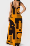 Gele sexy rechte jurken met patchwork en spaghettibandjes met geometrische print