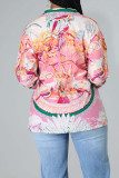 Multicolor Casual Print Patchwork Buckle Turndown Collar Tops
