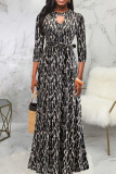 Black White Casual Print Bandage Hollowed Out Patchwork O Neck Straight Dresses
