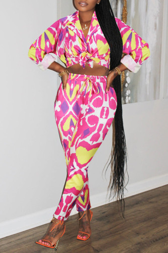 Pink Fashion Casual Print Patchwork Buckle Turndown Collar Long Sleeve Two Pieces