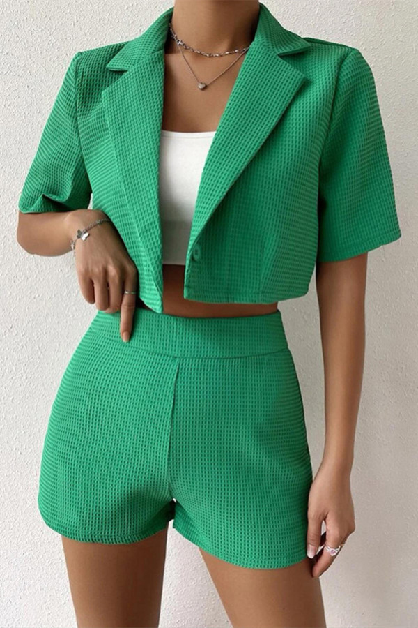 Cardigan solido casual alla moda verde con colletto rovesciato manica corta due pezzi