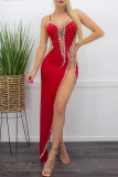 Vestido de noite vermelho sexy formal patchwork furação a quente transparente sem costas com fenda e alça de espaguete