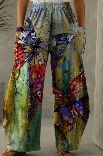 Ink Green Fashion Casual Print Patchwork Regular High Waist Trousers