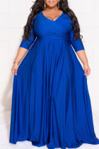 Blauw Casual Solid Patchwork Vouw V-hals A-lijn Grote maten jurken