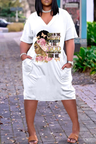 White Pink Fashion Casual Print Patchwork V Neck Short Sleeve Dress