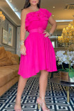 Розово-красное модное повседневное сплошное лоскутное платье с открытой спиной и воланом с косым воротником, нерегулярное платье