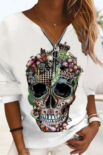 White Black Halloween Casual Skull Print Zipper Collar Long Sleeve Sweatshirt