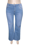 Blue Fashion Solid Ripped Plus Size Jeans
