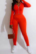 オレンジ ファッション カジュアル ソリッド パッチワーク ジッパー カラー ロング スリーブ XNUMX ピース