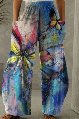 Blue Yellow Fashion Casual Print Patchwork Regular High Waist Trousers