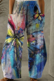Calça turquesa moda casual estampa patchwork regular cintura alta