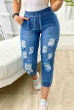 Blaue, modische, lässige, feste, zerrissene Patchwork-Jeans mit hoher Taille