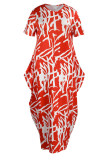 Red Fashion Casual Print Patchwork O Neck Long Dress Plus Size Dresses