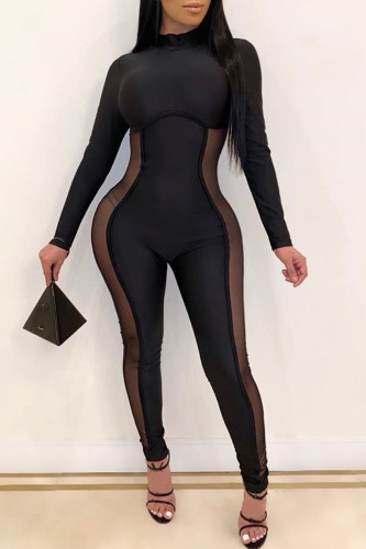 Black Fashion Casual Solid Patchwork Half A Turtleneck Skinny Jumpsuits