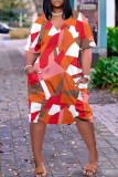 Vestido de manga curta roxo moda casual estampa patchwork decote em v