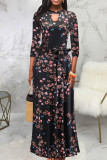 Blue Black Casual Print Bandage Hollowed Out Patchwork O Neck Straight Dresses