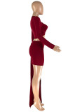 Бордовый модный сексуальный сплошной выдолбленный лоскутный о-образный вырез с длинным рукавом из двух частей