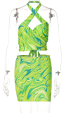 Green Sexy Print Patchwork Halter Sleeveless Two Pieces