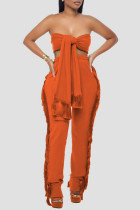 Tangerine Red Sexy Solid Tassel Patchwork Strapless Sleeveless Two Pieces