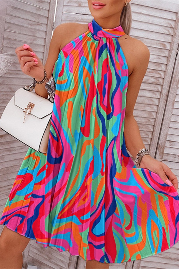 Цветное модное сексуальное платье с принтом в стиле пэчворк с круглым вырезом без рукавов Платья