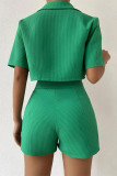 Grönt Mode Casual Solid Cardigan Turndown-krage Kort ärm Två delar