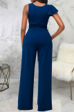 Blue Casual Solid Patchwork Flounce Asymmetrical Straight Jumpsuits