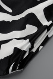 Zwarte mode casual print patchwork O-hals lange jurk Grote maten jurken