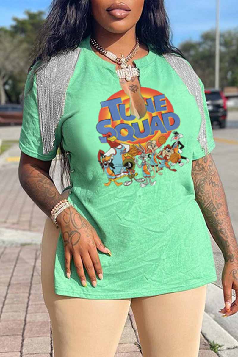 

Light Green Fashion Street Character Print Patchwork V Neck T-Shirts