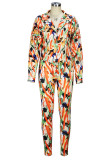 Orange Fashion Casual Print Patchwork Buckle Turndown Collar Long Sleeve Two Pieces