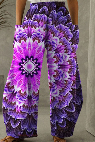 Purple Fashion Casual Print Patchwork Regular High Waist Trousers