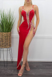 Rotes, sexy, formales Patchwork-Heißbohren durchsichtiges, rückenfreies, geschlitztes Spaghetti-Träger-Abendkleid