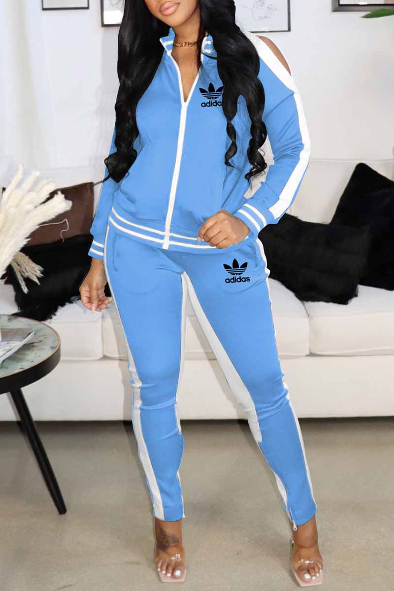 

Baby Blue Fashion Casual Print Patchwork Zipper Collar Long Sleeve Two Pieces