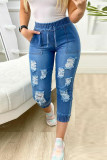 Blue Fashion Casual Solid Ripped Patchwork High Waist Regular Denim Jeans