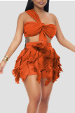 Tangerine Red Sexy Solid Tassel Bandage Patchwork Asymmetrical Collar Sleeveless Two Pieces