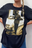 Black Fashion Street Print Patchwork T-shirts met O-hals