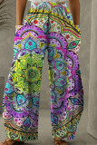 Calça turquesa moda casual estampa patchwork regular cintura alta