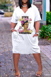 Weiß Rosa Fashion Casual Print Patchwork V-Ausschnitt Kurzarmkleid