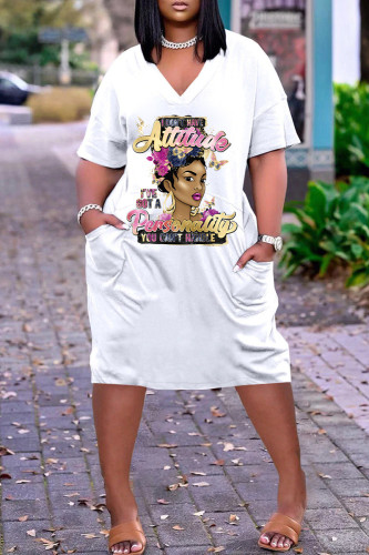 White Gold Fashion Casual Print Patchwork V Neck Short Sleeve Dress