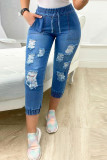 Синие модные повседневные однотонные рваные лоскутные джинсы с высокой талией и обычными джинсовыми джинсами