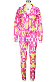 ピンクファッションカジュアルプリントパッチワークバックルターンダウンカラー長袖ツーピース
