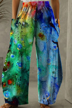 Turquoise Mode Casual Print Patchwork Normale Hoge Taille Broek