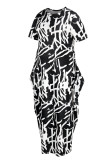 Schwarze Mode Casual Print Patchwork O-Ausschnitt langes Kleid Plus Size Kleider