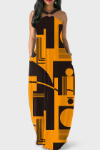 Желтые сексуальные прямые платья с геометрическим принтом в стиле пэчворк на тонких бретелях