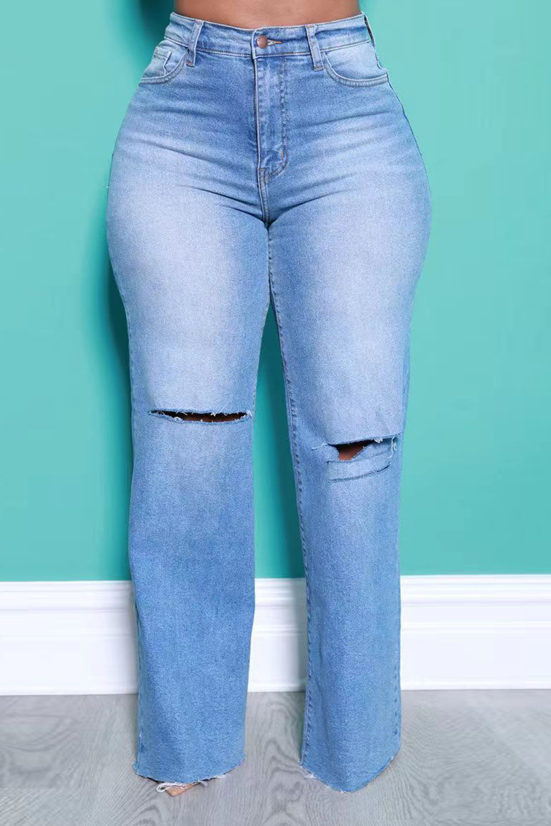 

Blue Fashion Solid Ripped Plus Size Jeans